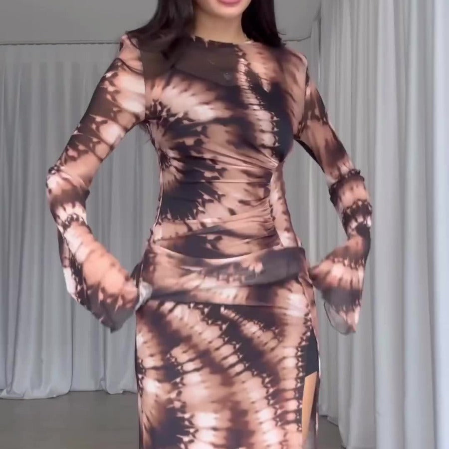 Fall Leopard Print Mesh Floral Print Long Sleeve Ruched Slit Slim Fitting Dress