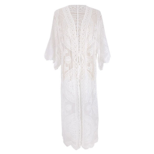 New Lace Embroidered Mid-Length Beach Cover-up Sexy Cardigan Vacation Sun Protection Shirt Swimsuit Blouse