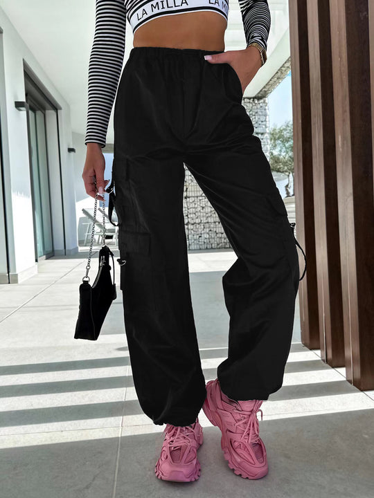 Women Pants Street Overalls Multi Pocket Lace up Trousers Metal Buckle Loose Straight Leg Ankle Banded Pants Trousers