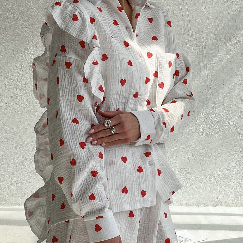 Autumn Cardigan Comfortable Cotton Pajamas Two Piece Set Heart Printing White Ladies Homewear