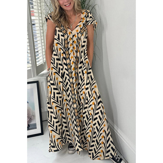 Spring Summer Casual Printed Large Swing Dress Loose Vacation Pocket Dress