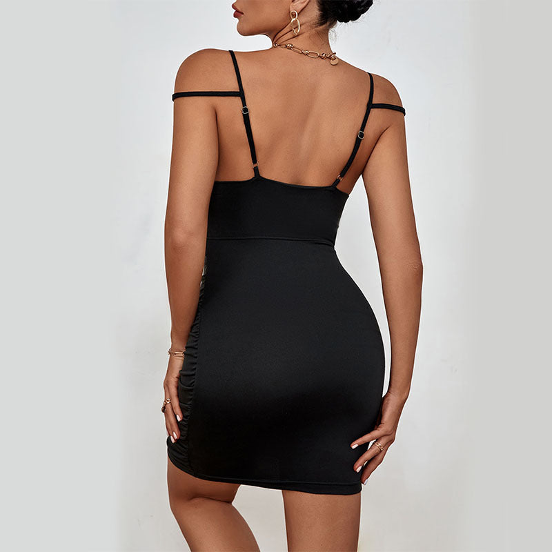 Summer Black Elegant Sexy Sling Dress Solid Color Ruffle Hip Dress Hollow Out Cutout Hollow Out Cutout out