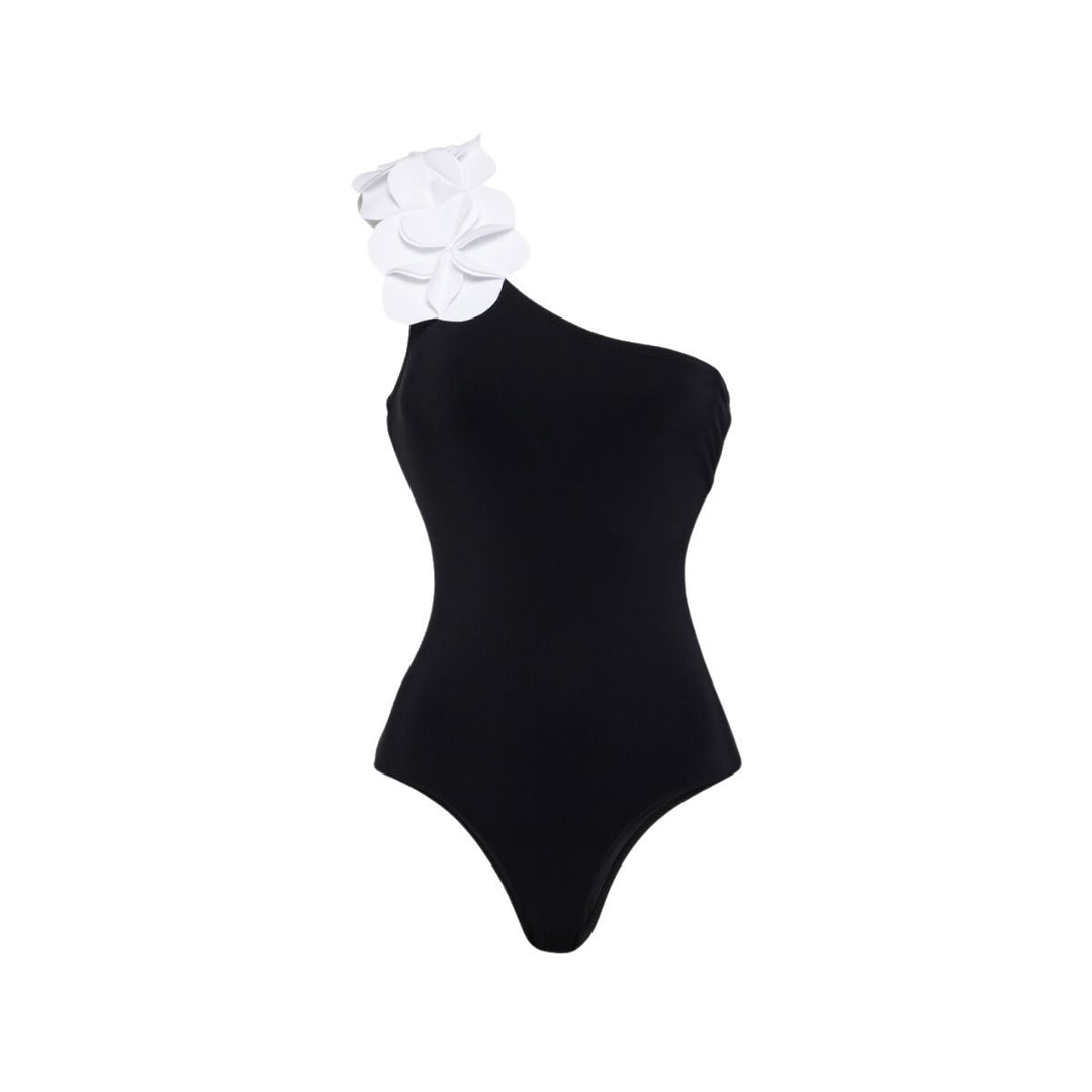 Black White Contrast Color Minimalist Floral Decoration Oblique Shoulder One Piece Swimsuit Women Clothing