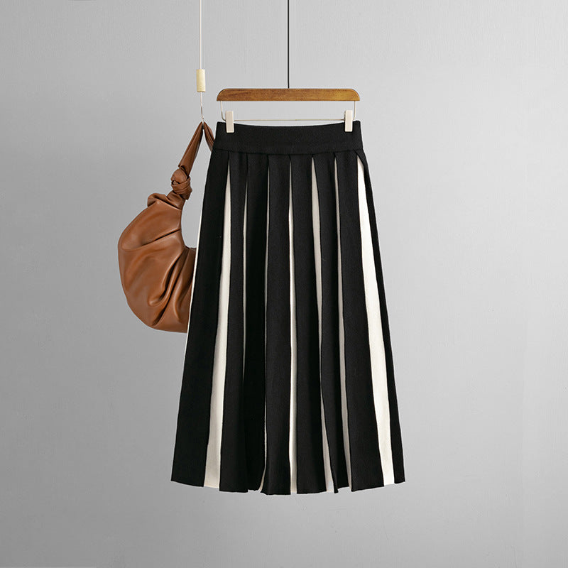 Retro Knitted Skirt Women High Waist Slimming Youthful Looking Black White Stitching Mid Length Pleated Skirt