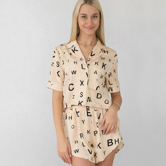 Summer English Printed Thin Loose Short Sleeved Shorts Pajamas Suit Home Wear for Women