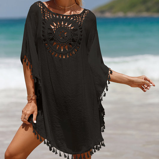 Vacation Hand Crocheting Solid Color Stitching Beach Dress Fimbrilla Sun Protection Short Sexy Beach Blouse