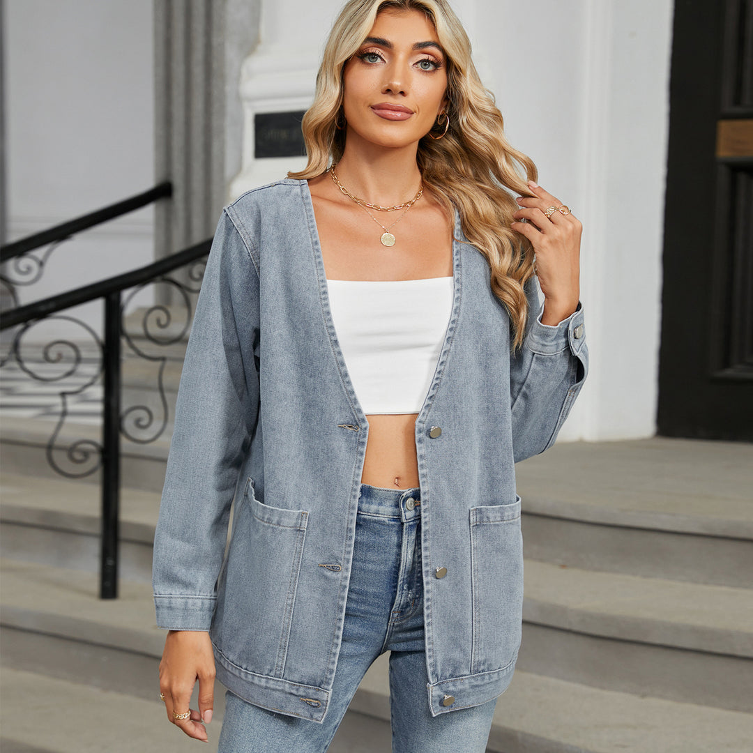 Women Autumn Washed Long Sleeve V Neck Denim Coat Top