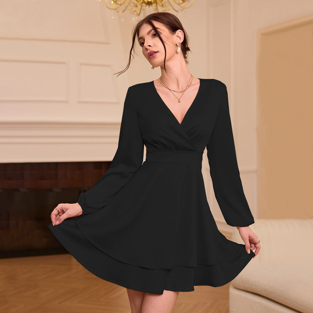 Women Clothing Elegant Satin Dress Autumn Winter V neck Lantern Sleeve Slim Fit Dress