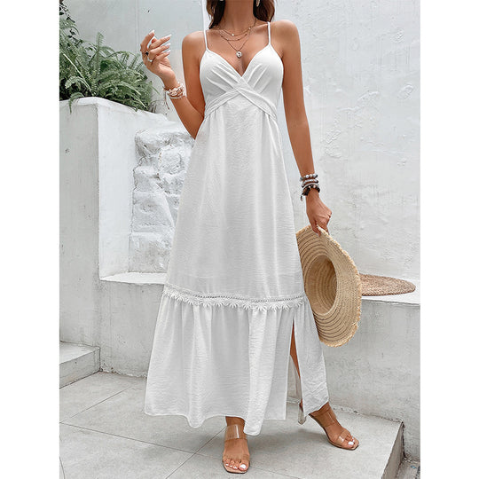 Women White Vacation Dress Loose Slimming Sling Backless Sexy Dress