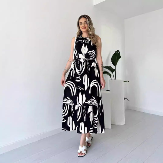 Women Wear Irregular Asymmetric Pattern Print Sleeveless High Waist Slim Tether Dress