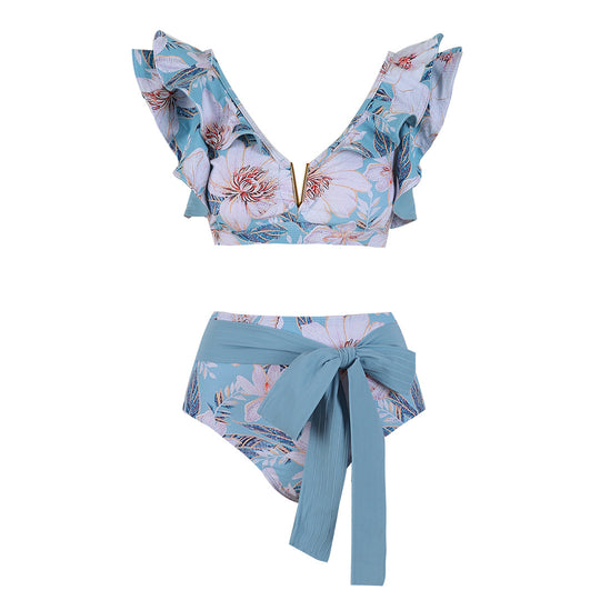 Double Layer Ruffled Bikini Printed High Waist Split Swimsuit Women Heavy Industry Line Pressing Belt