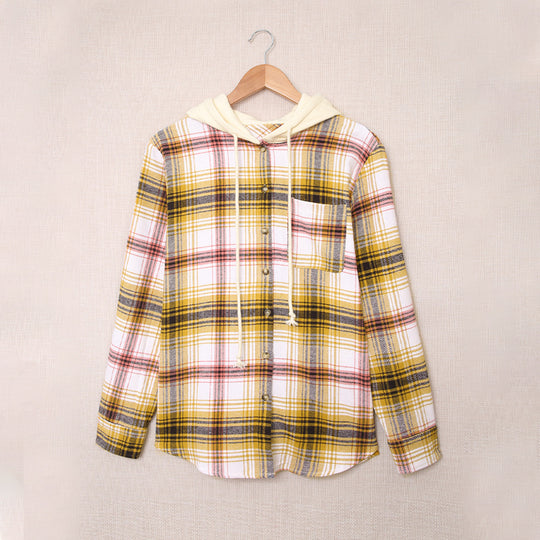 Autumn Winter Women Clothing Hooded Single-Breasted Plaid Women Shacket Jacket