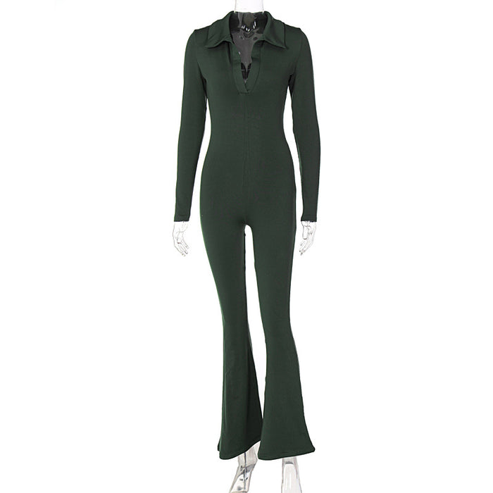 Women Winter Polo Collar Slimming Long Sleeves Casual Wide Leg Pant Jumpsuit