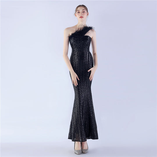 Craft Order Ostrich Feather Single Shoulder Diagonal Collar High Density Sequin High End Evening Dress