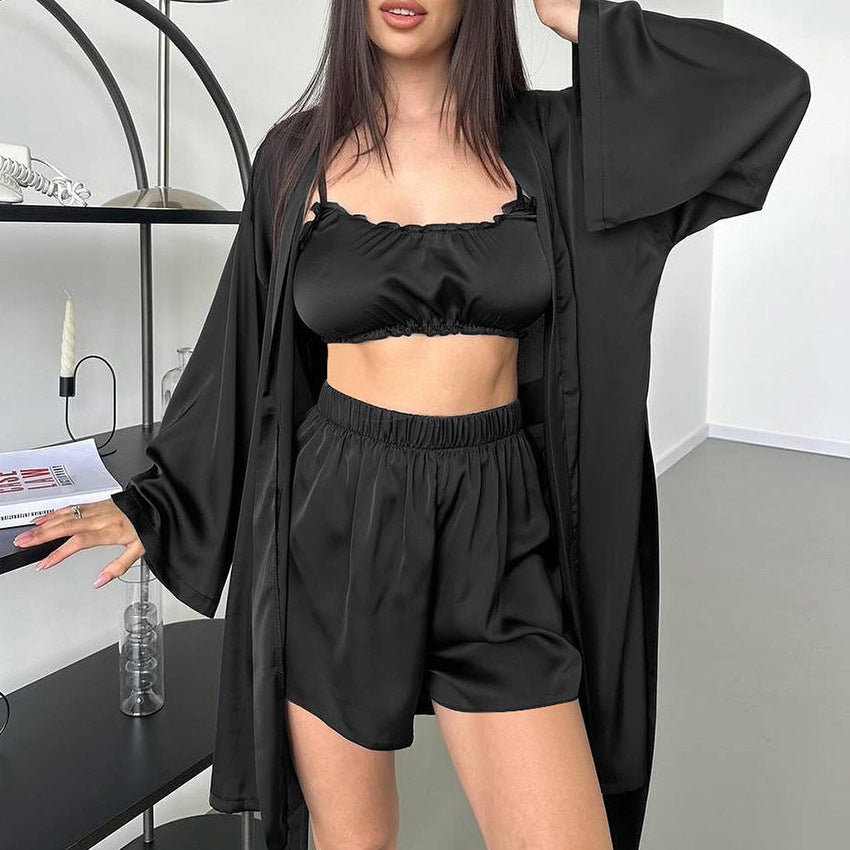 Silk like Three Piece Set Long Sleeve Nightgown Underwear Shorts Cool Hotel Pajamas Ladies Homewear