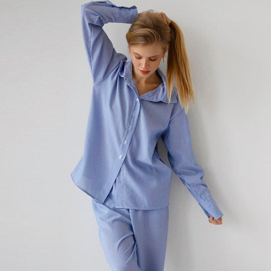 French Comfortable Loose Blue Striped Printed Autumn Winter Pajamas Long Sleeve Ladies Homewear Can Be Worn outside