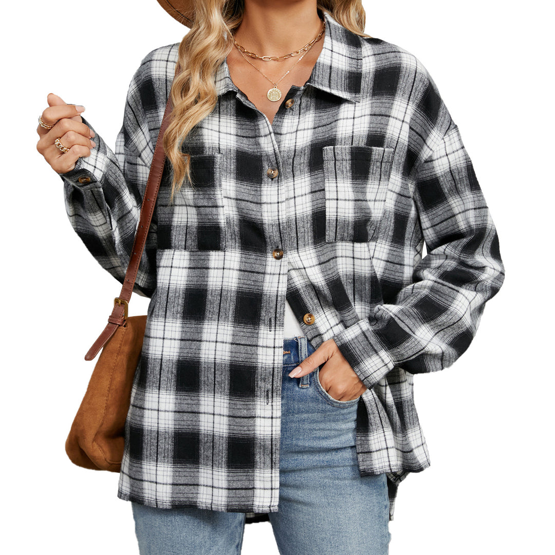 Autumn Winter Polo Collar Long Sleeve Pocket Button Plaid Shirt Top for Women