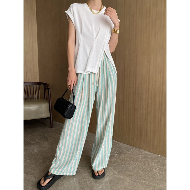 Island Loose Holiday Mint Green Striped Drawstring Elastic Waist Casual Straight Leg Wide Leg Pants