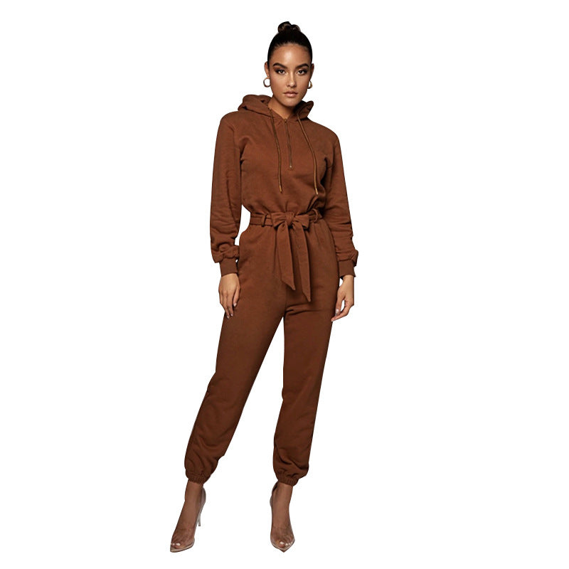 Autumn Winter Slim Fit Long Sleeve Solid Color Hooded Half Open Collar Urban Casual Women Jumpsuit