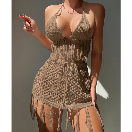 Knitted Lace Up Tassel Bikini Skirt Outfit Sexy Bikini Beach Cover Up