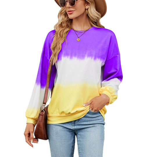 Autumn Winter Tie-Dye Contrast Color round Neck Long Sleeve Loose Sweatshirt