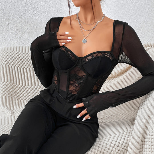 Street Fashionable Autumn Winter Clothes Sexy Black Lace Grenadine Boning Corset Slim Fit Square Collar Long Sleeve Top