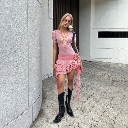 Summer Women Clothes Sexy Unique Design Deep V Plunge Lace up Irregular Asymmetric All Match Dress Women