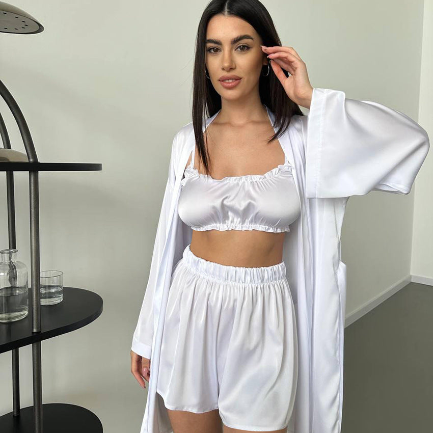 Silk like Three Piece Set Long Sleeve Nightgown Underwear Shorts Cool Hotel Pajamas Ladies Homewear