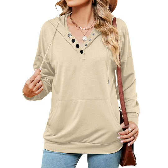 Autumn Winter Solid Color Buttons Drawstring Pocket Loose Long Sleeve Sweatershirt Women