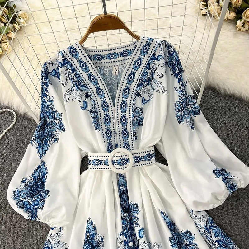 Spring Women Fashionable V neck Long Sleeve Bohemian Printed Dress