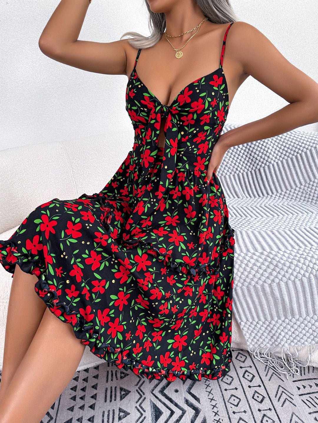 Spring Summer Casual Floral Bow Ruffle Sleeveless Dress Women Clothing