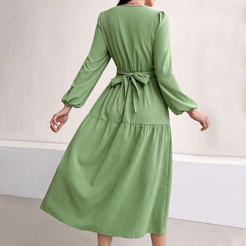 Women Clothing Elegant Youthful Looking Dress Autumn Winter Little Fresh V neck Green Midi Dress