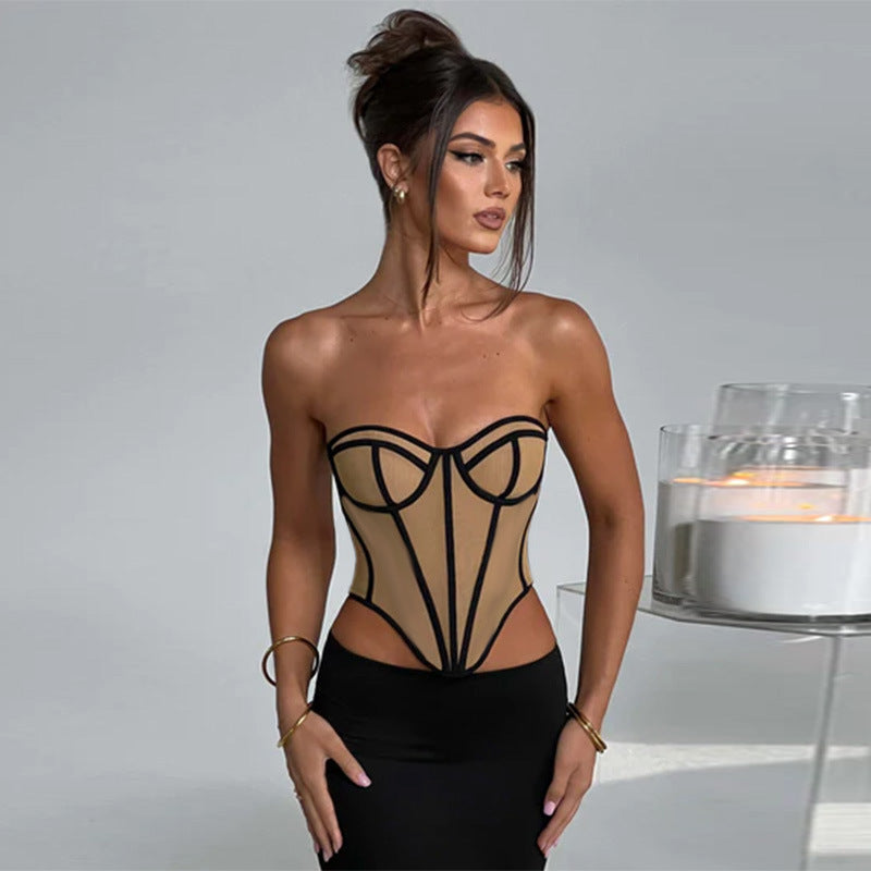Sexy Tube Top Backless Design Lines Contrast Color Waist Top for Women