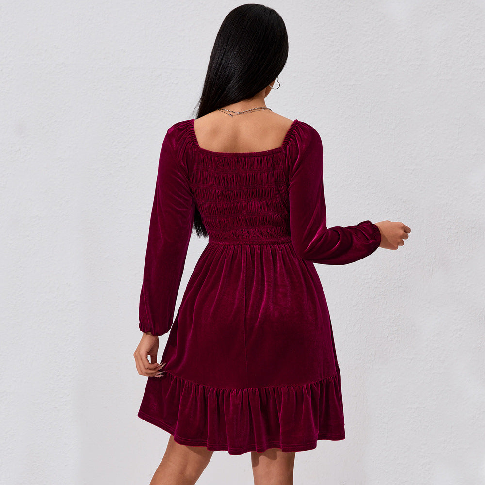 Women Clothing Simple Elegant Dress Autumn Winter High Waist Slim Slimming Wine Red Short