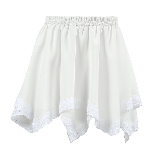 White Chiffon Lace Staggered Design Office Skirt Summer Skirt