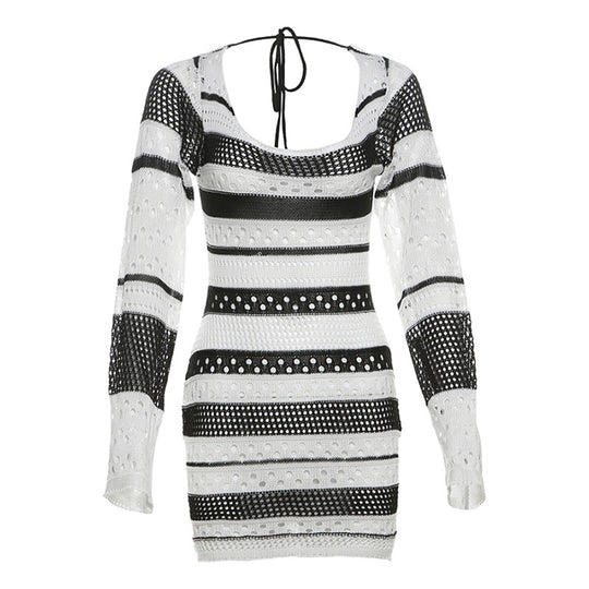 Fall Sexy Hollow Out Cutout out Backless Lace up Knitted Striped Dress Women