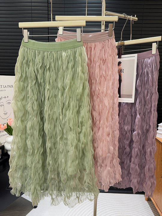 Tipsy Small Curls Pleated Irregular Asymmetric Gauze Skirt A Line Large Hem Tutu Skirt Spring Summer Fashionable Elastic Waist