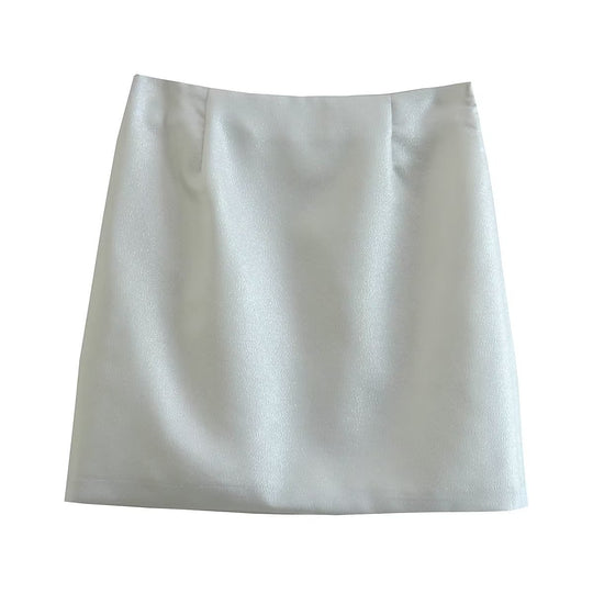 Autumn Winter Glossy Short Blazer Glossy Mini Skirt Mid Length Skirt Set
