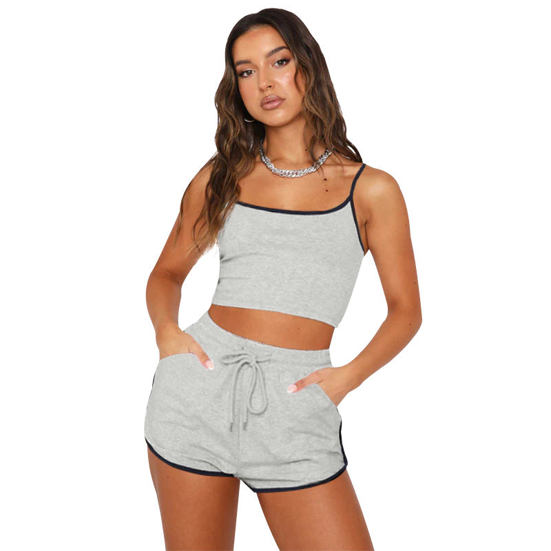 Summer Solid Color Sexy Spaghetti Straps Cropped Vest Top Women Drawstring Pants Suit