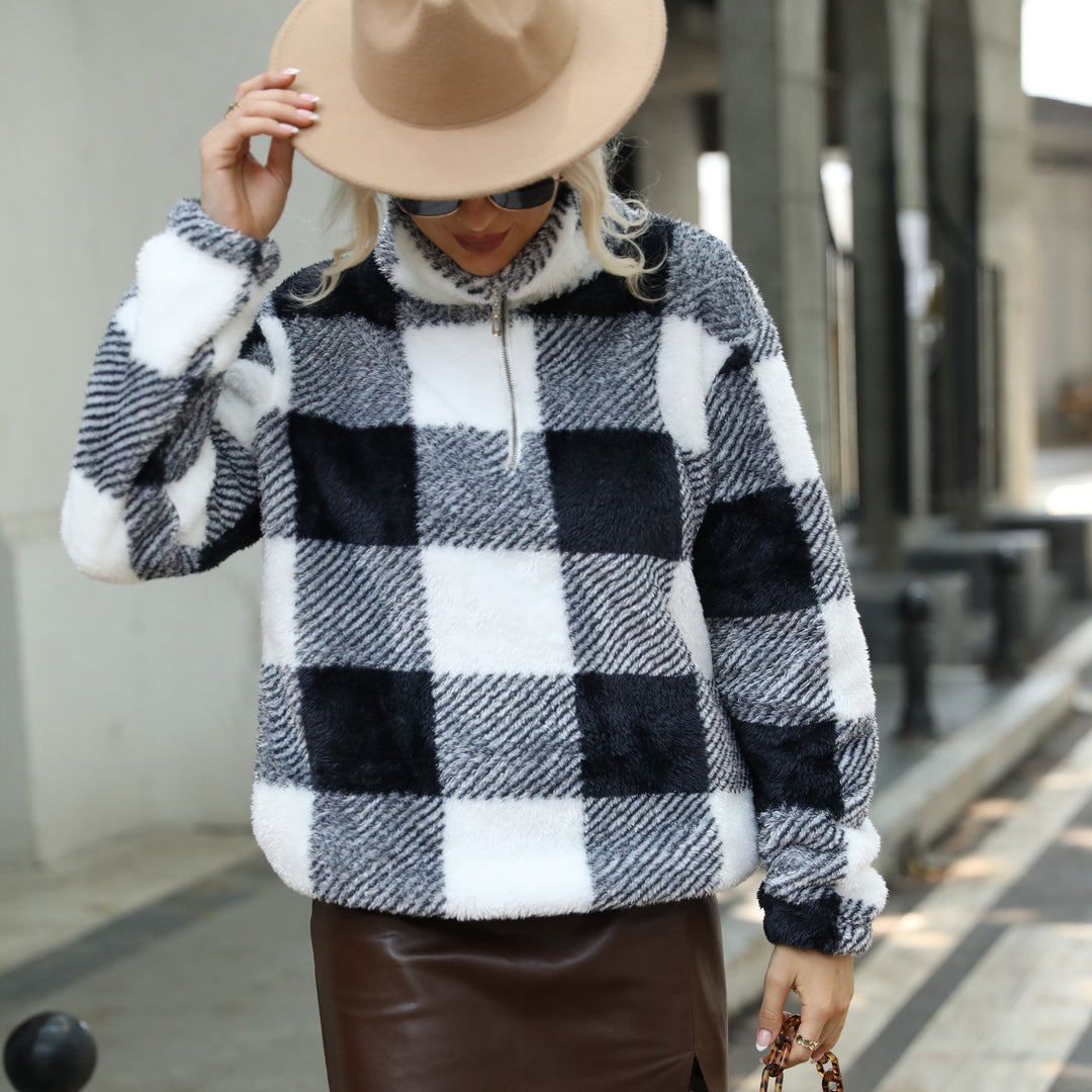 Ladies Long Sleeve Pullover Plaid Printed Round Neck Plush Regular Plush Pullover Sweater