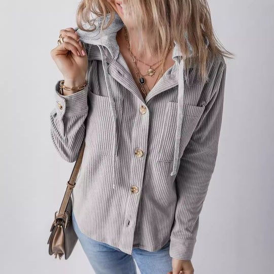 Autumn Winter Collared Buckle Cardigan Pouch Hooded Drawstring Striped Coat Women