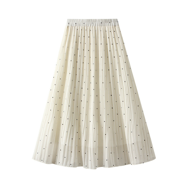 Fresh Small Polka Dot Chiffon Pleated Skirt Women Spring Summer Polka Dot Pleated High Waist A Line Midi Skirt