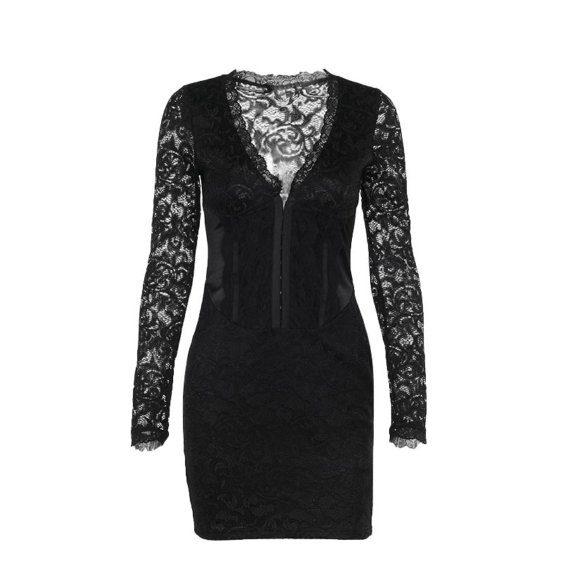 Autumn Elegant Sexy Long Sleeve Narrow Lace Mini Dress Women