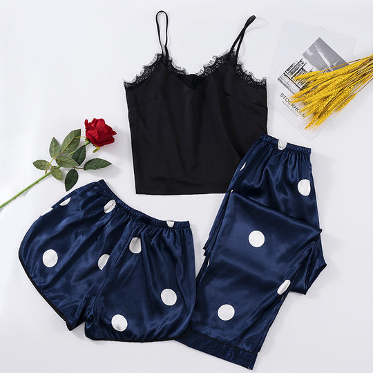 Thin Homewear Women Ice Silk Sling Shorts Trousers Pajamas Suit Summer Loose Polka Dot Pajamas Three Piece Suit