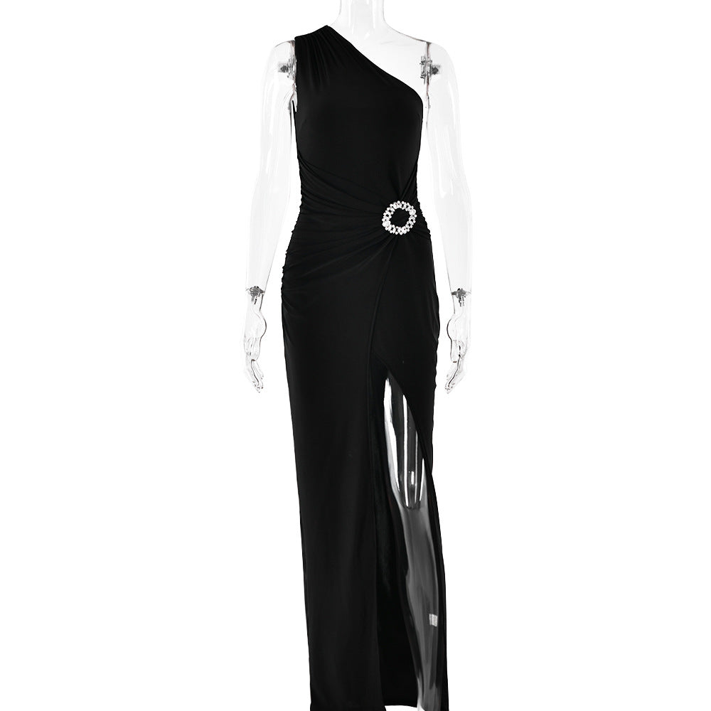 Summer Sexy Dress One Shoulder Sleeveless High Slit Slim Fit Maxi Dress