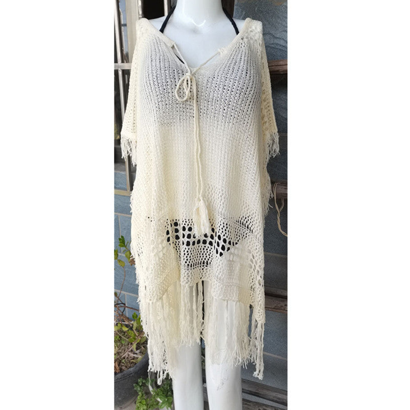 Knitted Tassel Beach Cover-up Sexy Hollow Out Cutout Seaside Sun Protection Clothing Beach Cover Up Crochet