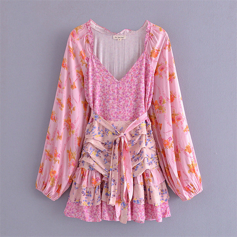 Autumn Small Fresh Pullover Pink Color Matching Printed High Waist Dress Women