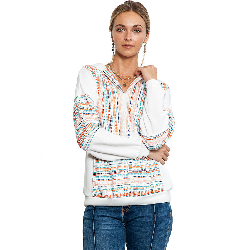 Autumn Winter Color Matching Knitted Hoodie Women Casual Loose Texture Stitching Long Sleeved Top