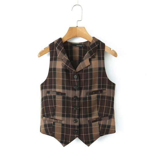 Autumn Single Breasted Blazer Collared Vest Plaid Mid Length Three Piece Skirt Set