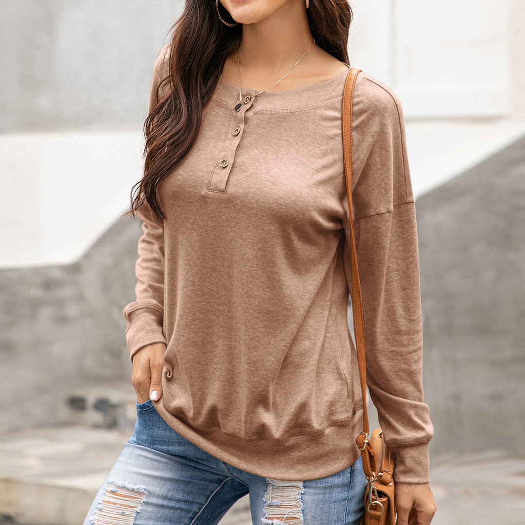 Autumn Winter round Neck Button Long Sleeve T shirt Casual Sweatshirt Loose Top for Women